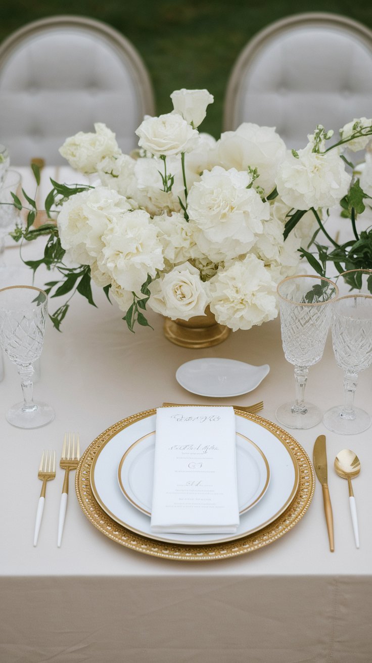Gold rimmed plates and crystal glassware creating timeless luxury for wedding table setting
