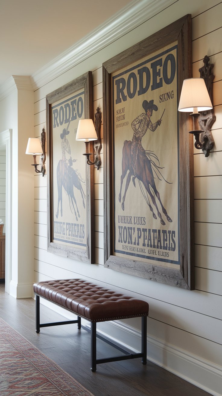 Vintage rodeo posters adding graphic nostalgia to western ranch decor