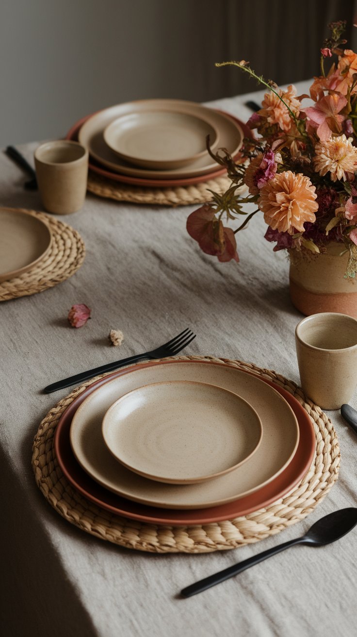 Handmade ceramic dishes and earthy neutrals adding artisanal texture to wedding table setting