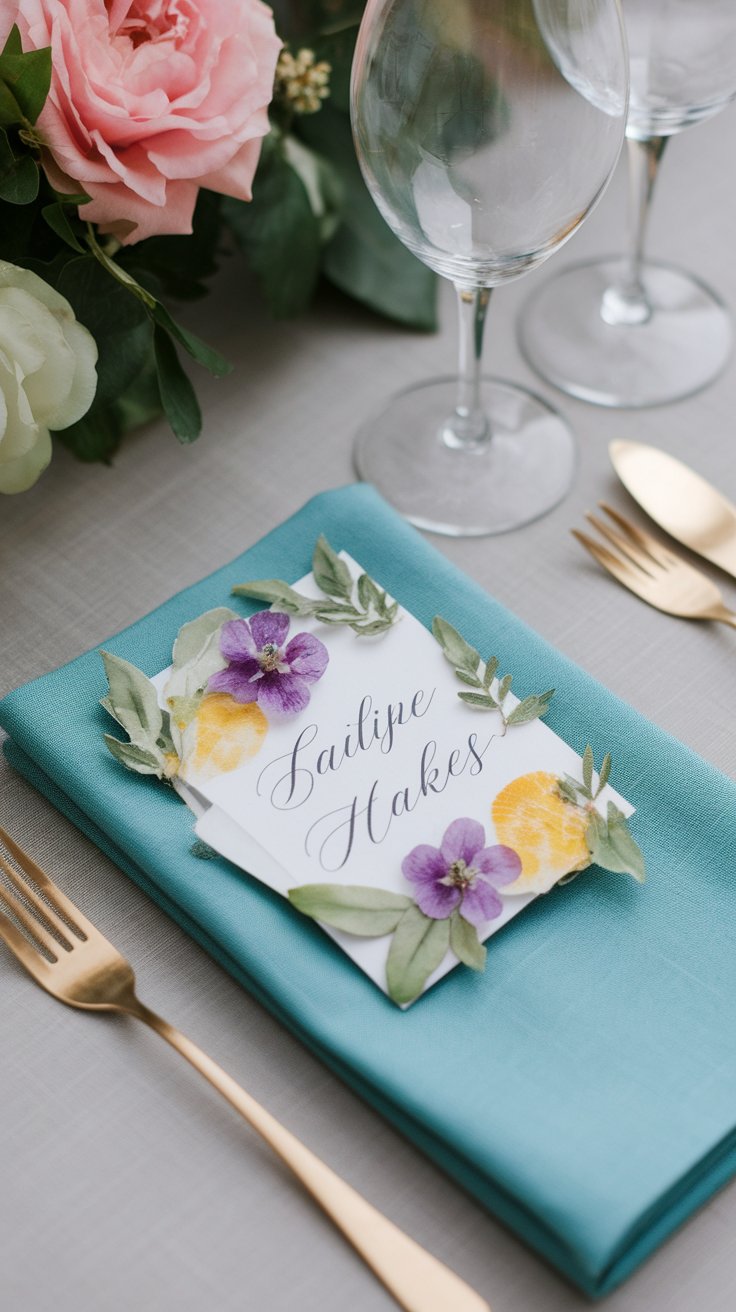Handwritten name tags with pressed florals adding personal and botanical elegance to table
