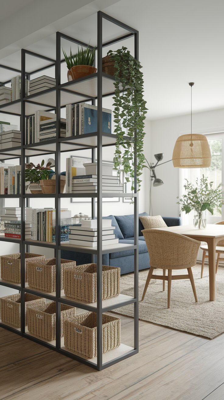 Open cube shelving unit serving as functional and stylish room divider in small apartment