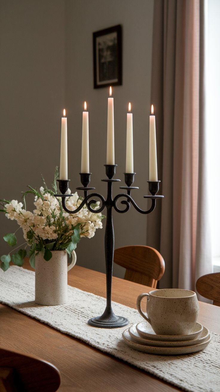 Forged iron candle holders creating ceremonial glow in Viking-style dining room