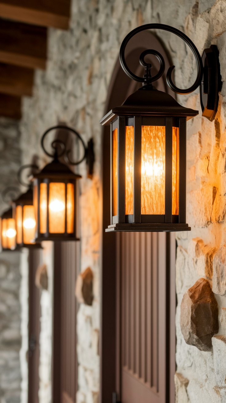 Lantern-style wall sconces adding warm amber glow to Viking-inspired interiors