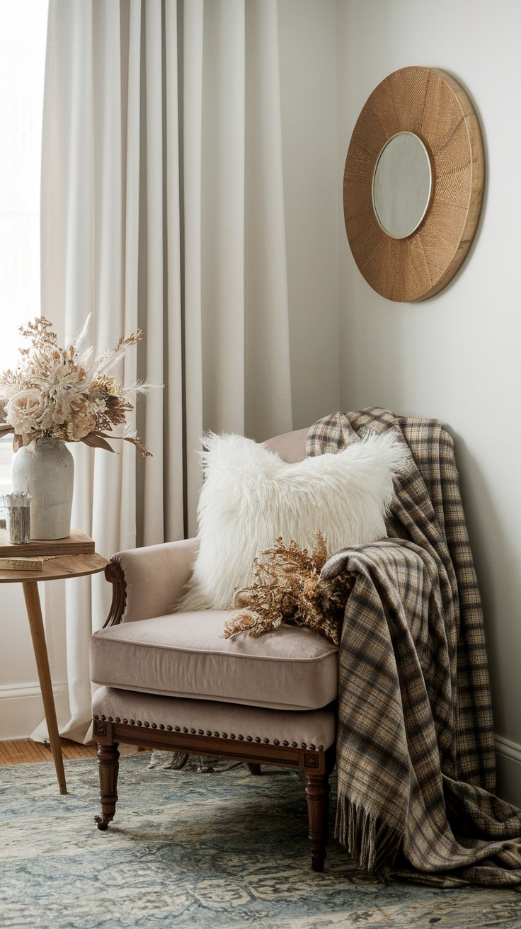 Faux fur accents adding softness and visual warmth to fall bedroom or lounge