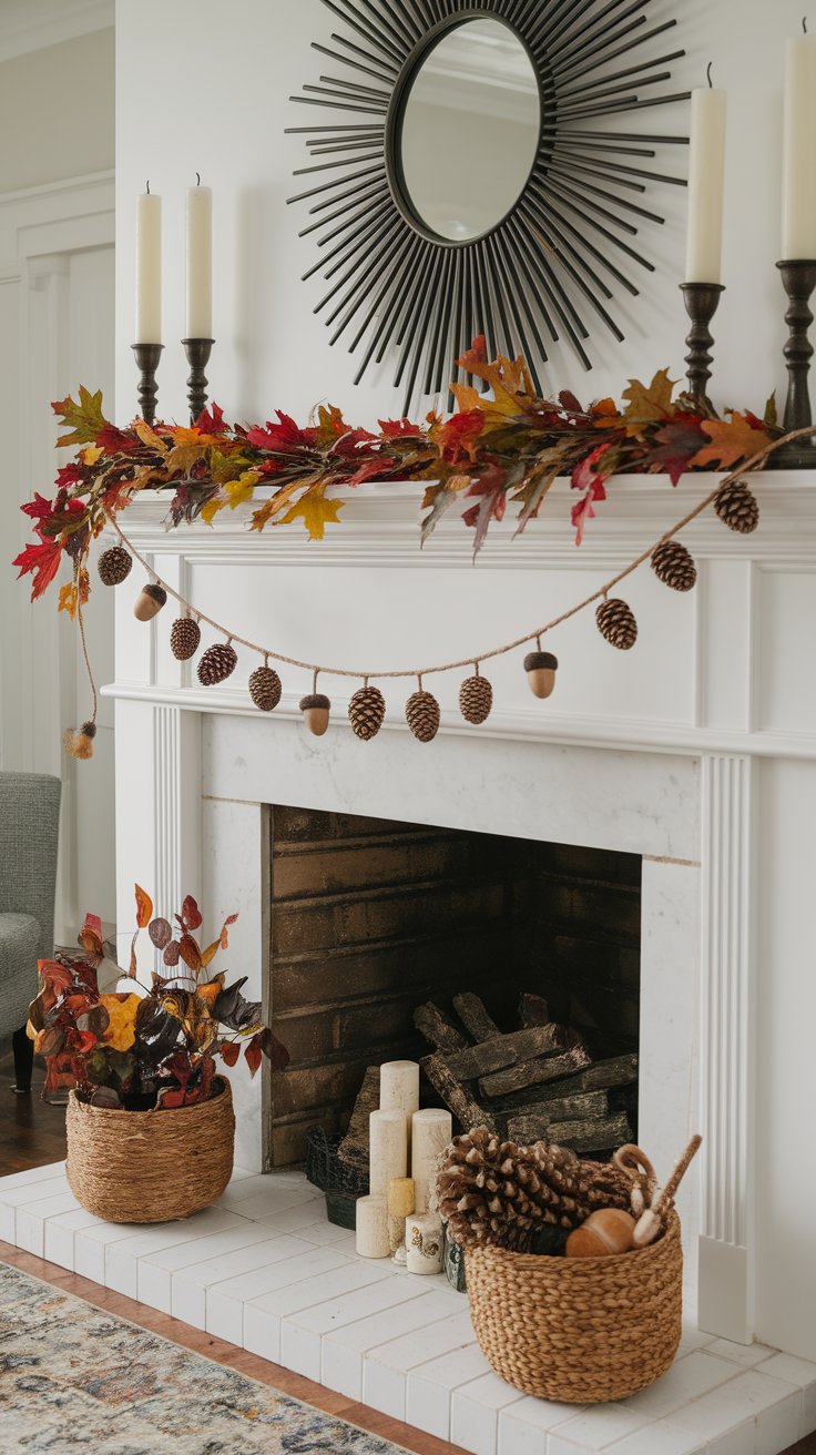 DIY pinecone and acorn garland adding rustic charm to cozy fall mantel