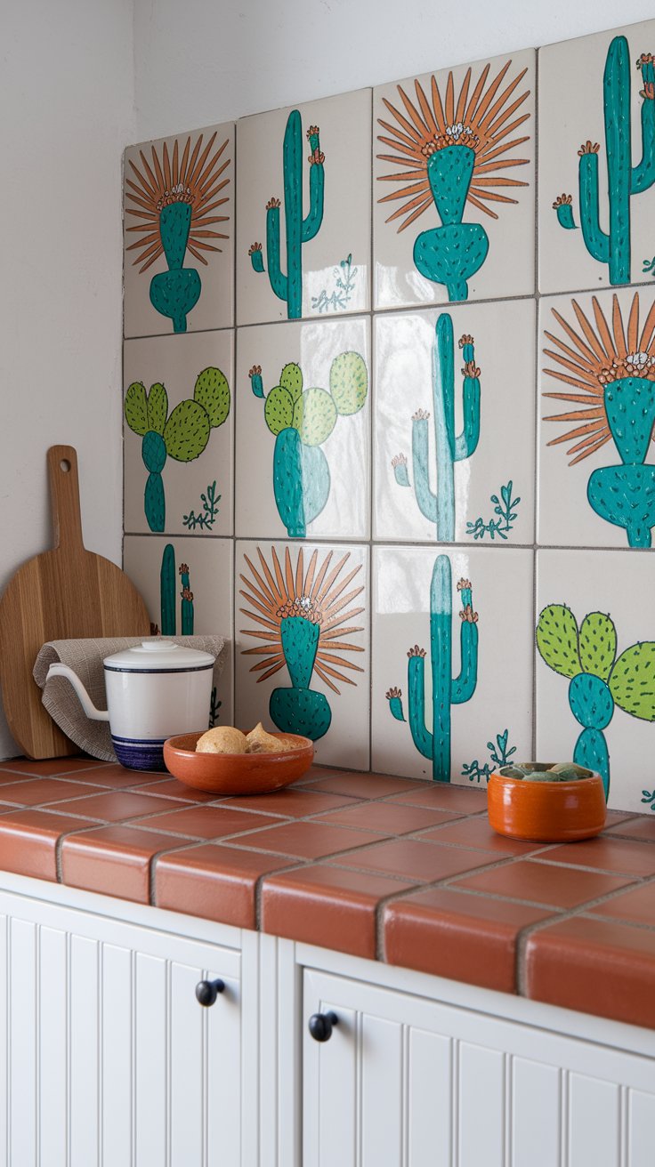 Southwestern tile inlays adding artistic detail to rustic western kitchen