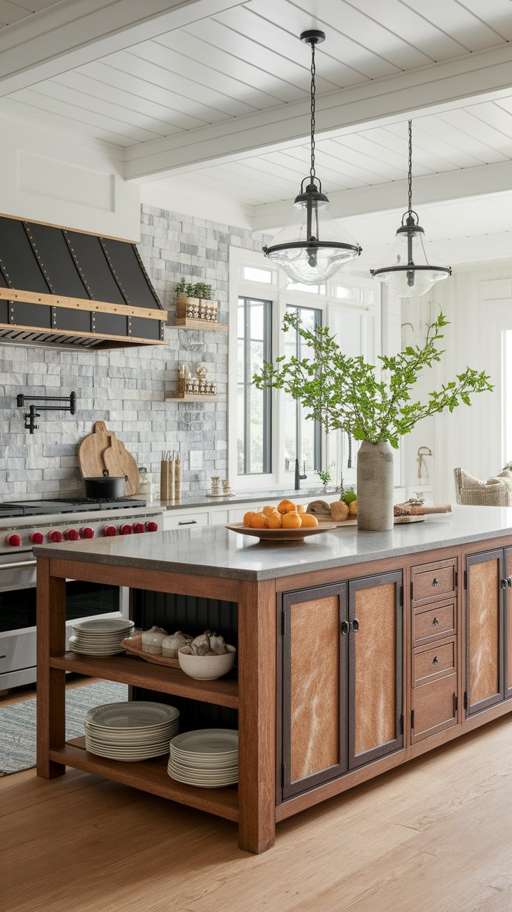 Rawhide paneling on cabinets adding texture and craftsmanship to western kitchen