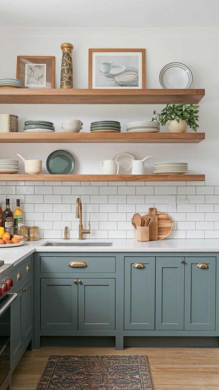 Balanced kitchen storage with open shelves for display and closed cabinets for concealed organization