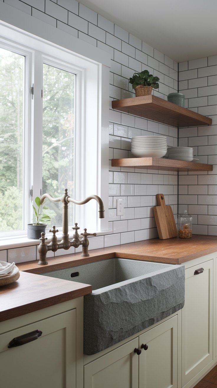 Stone sink and brass faucet combo bringing rustic elegance to western kitchen