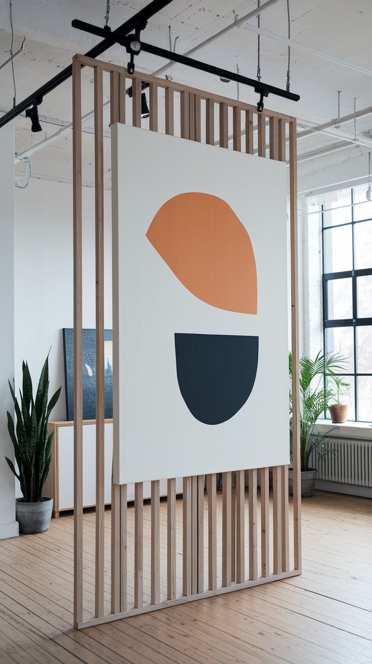 Hanging canvas divider acting as bold visual statement and functional room partition
