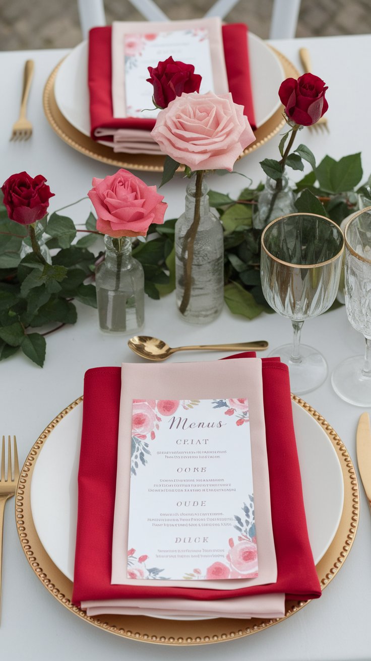 Modern Valentine’s table setting with romantic reds and personalized touches