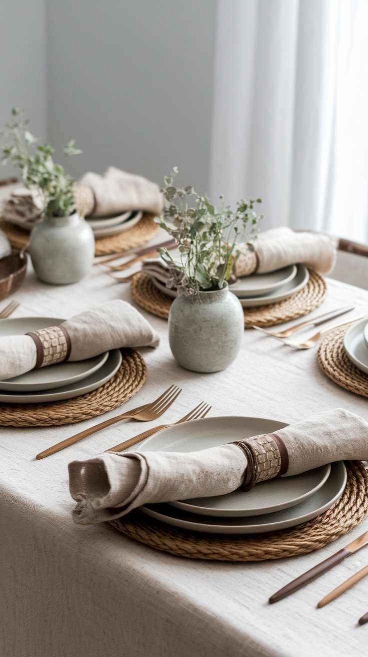 Layered neutral textures adding depth and harmony to minimalist table styling