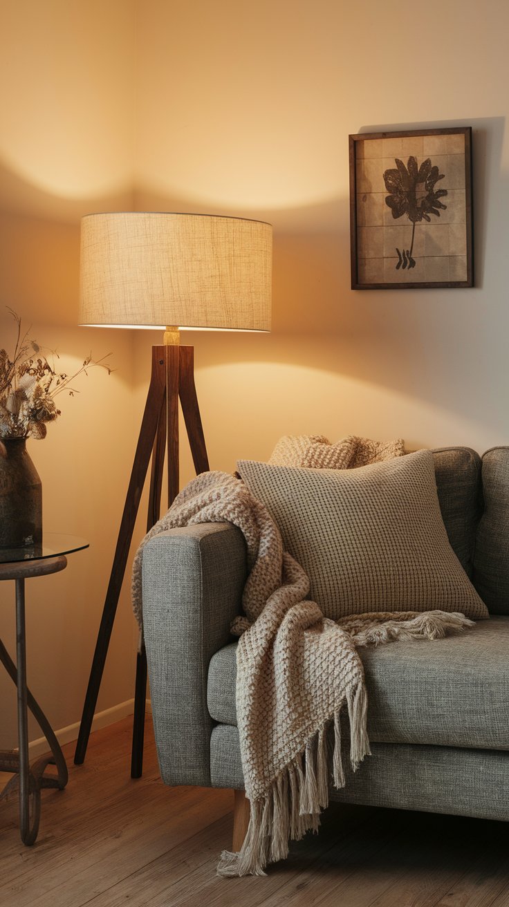 Warm lamp lighting replacing overhead fixtures for cozy fall ambiance
