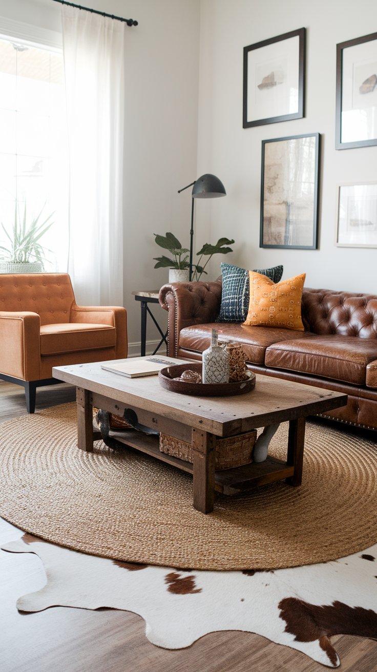 Layered cowhide and jute rugs creating texture and comfort in western interior