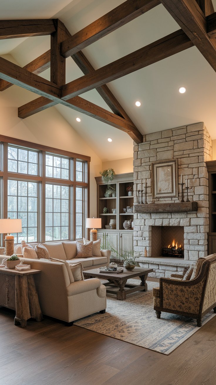 Exposed wood beams and timber trim adding Nordic strength to rustic Viking-inspired interior