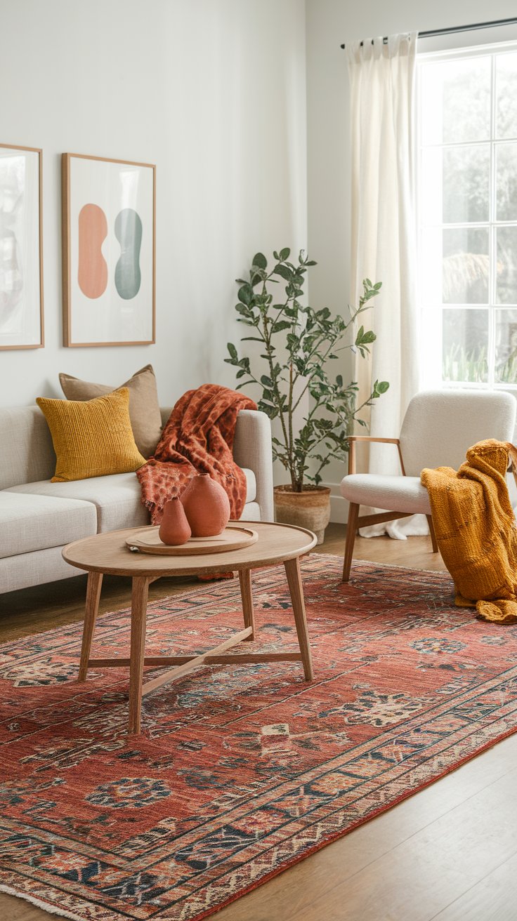 Layered earthy-toned rugs adding warmth and depth to cozy fall living room