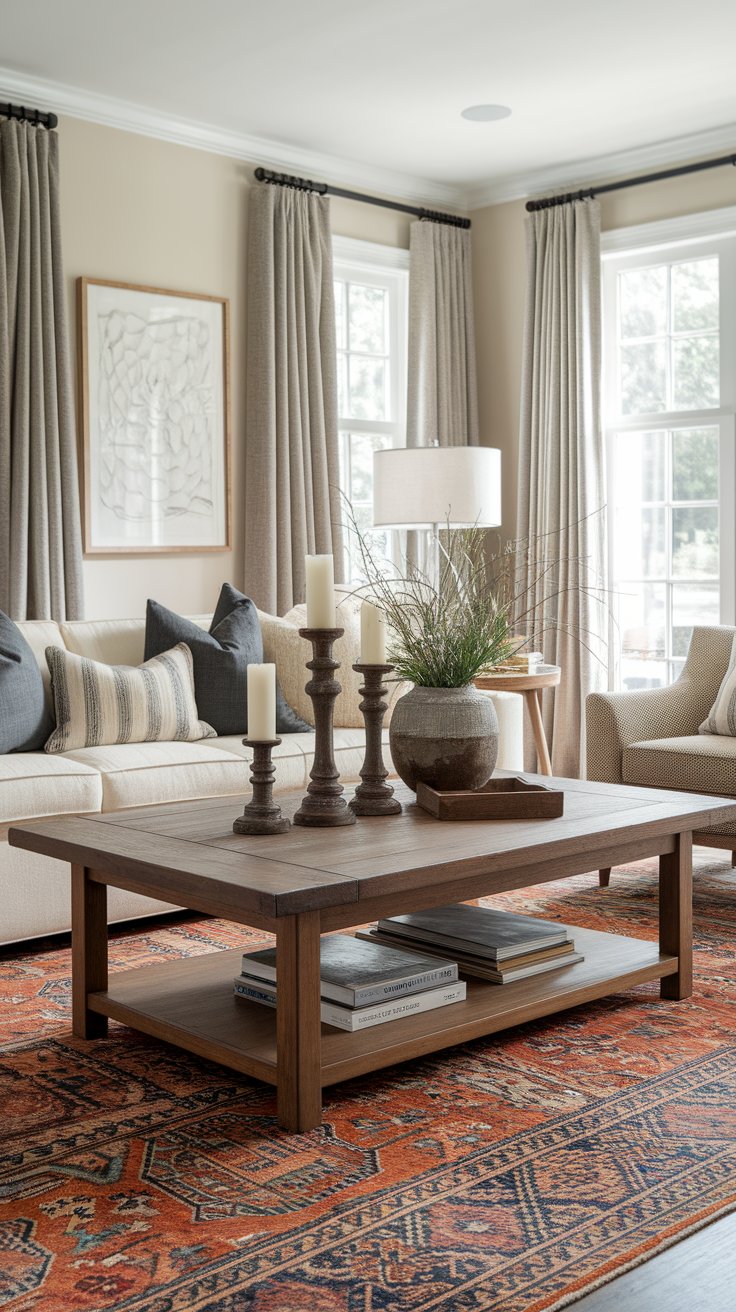 Mesquite coffee table with worn finish adding weight and warmth to western living space