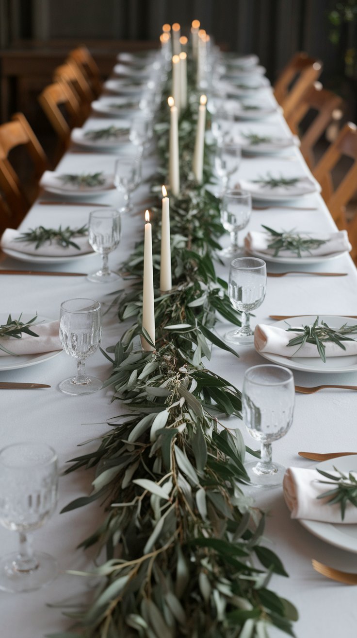 Greenery cascade centerpiece bringing lush elegance to outdoor wedding tablescape