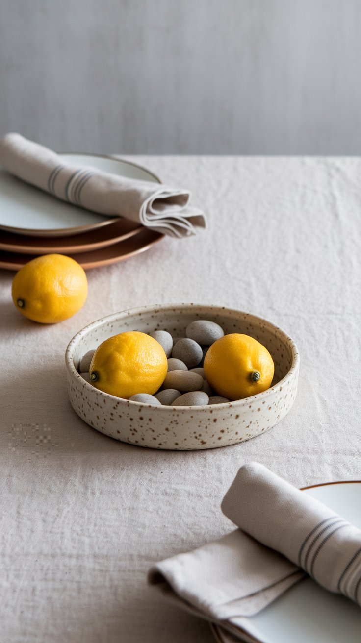 Seasonal fruit and stone centerpiece offering organic shape and color to minimalist table setting