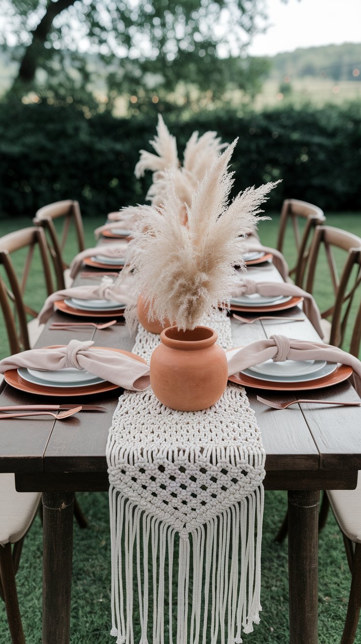 Boho wedding table with macramé runner and pampas grass for desert-chic styling