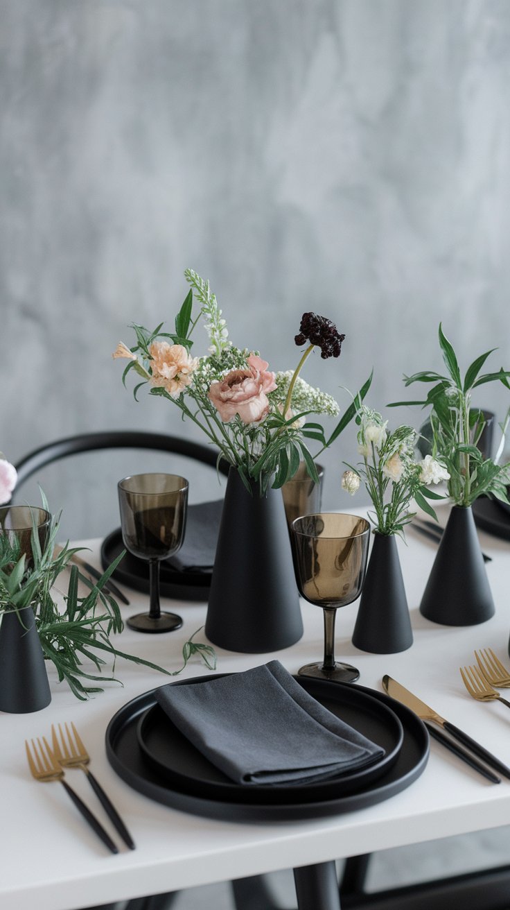 Black and gold table setting creating dramatic and modern party atmosphere
