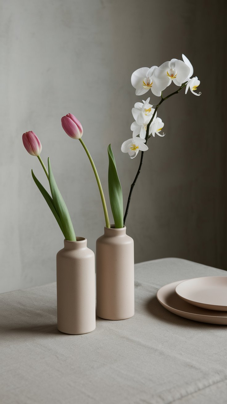 Minimalist florals in sculptural vases creating intentional and modern wedding table styling