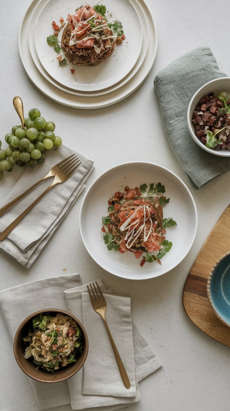 Uniform serving dishes maintaining cohesive and uncluttered minimalist table design