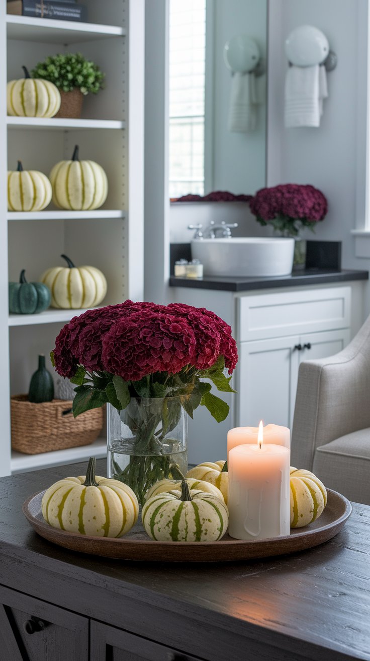 Mini pumpkins adding natural fall accents to unexpected corners of the home