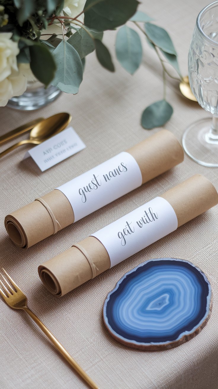 Creative name cards with personal details and keepsake elements for thoughtful table styling