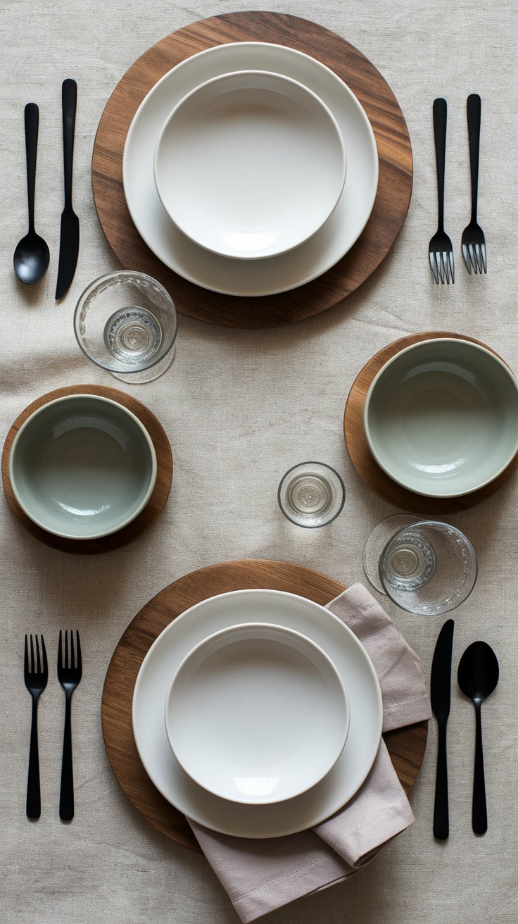 Neutral color palette with soft tones and natural textures for timeless minimalist table setting