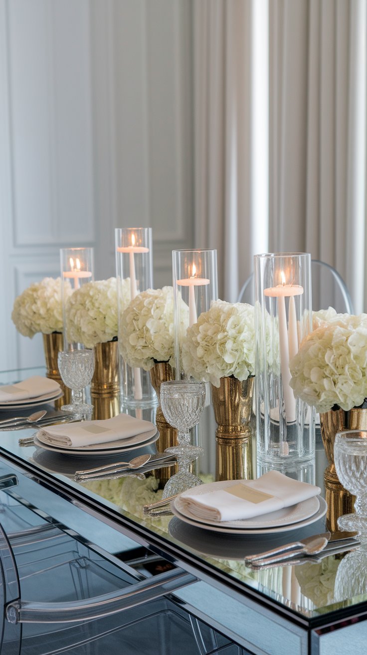 Mirrored wedding table surface enhancing light and elegance in upscale reception setting