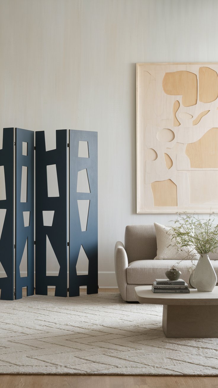 Painted plywood screen with cutout patterns serving as bold and sculptural room divider