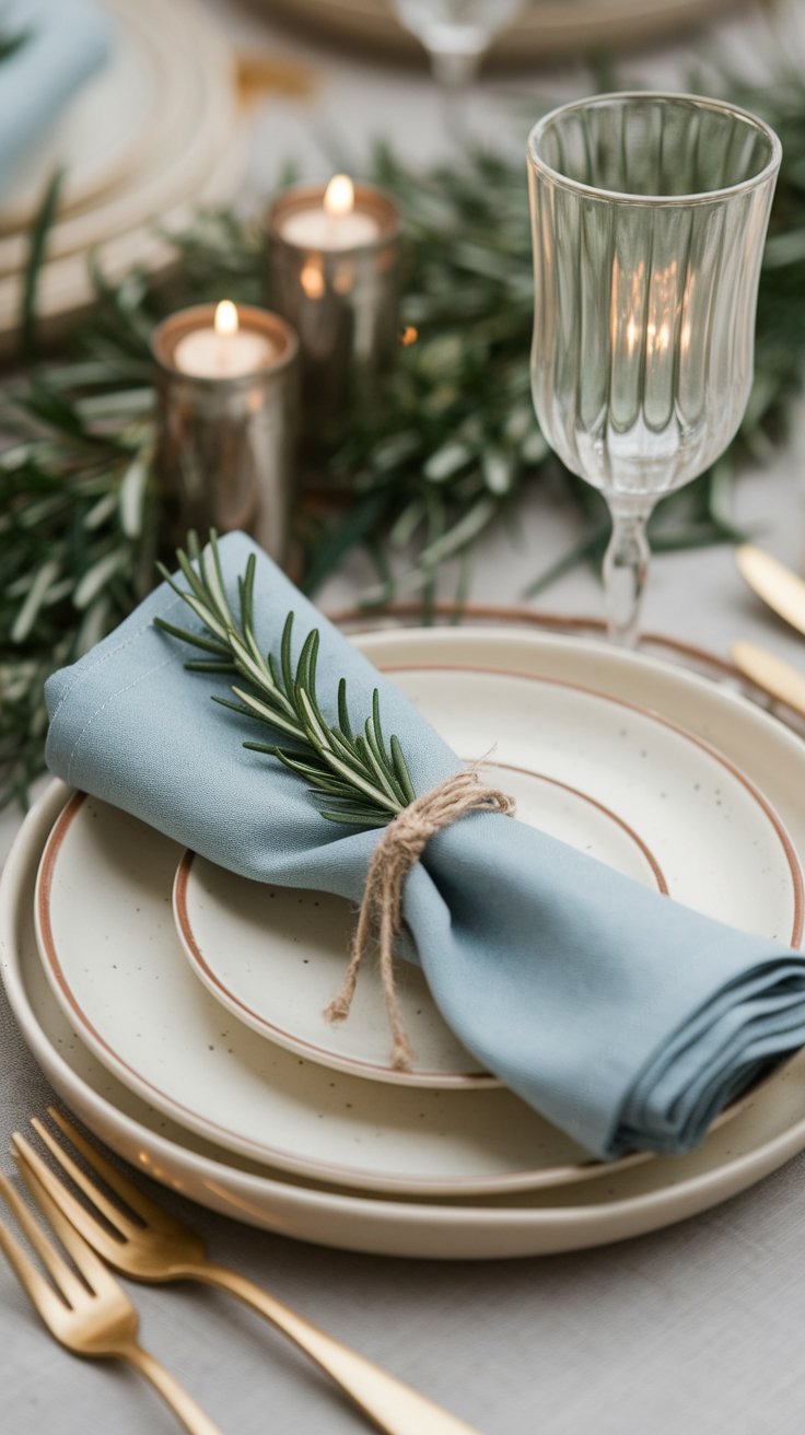 Olive branch and herb place settings adding fragrance and symbolism to natural wedding table