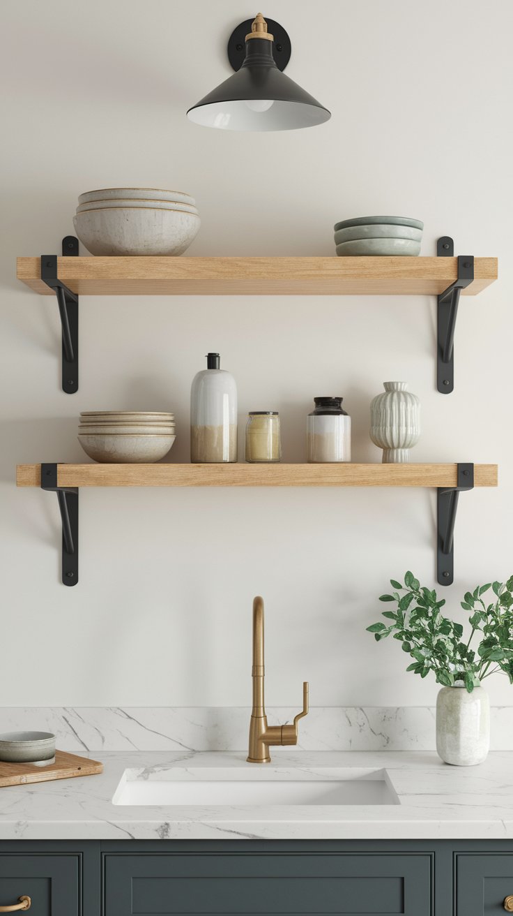 Coordinated shelf finishes and hardware creating cohesive and styled open kitchen shelving