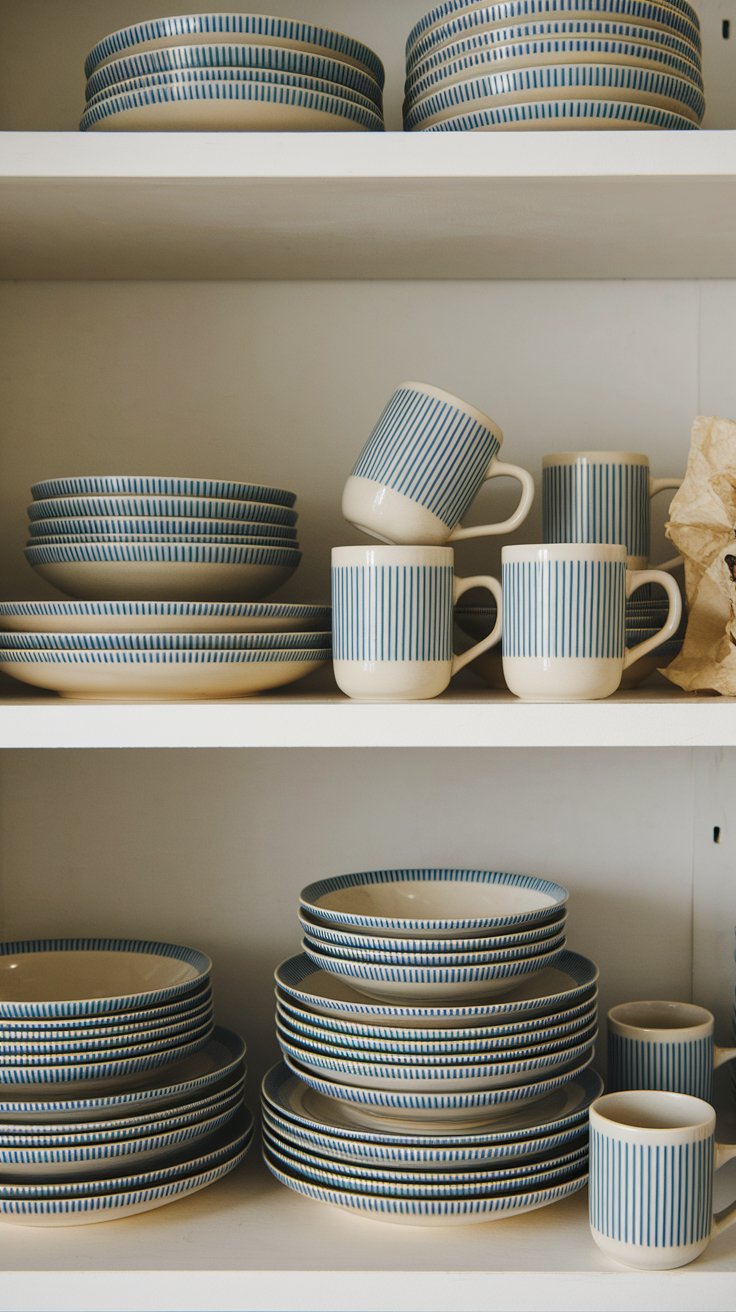 Artful stacking of dishware adding rhythm and structure to open kitchen shelving