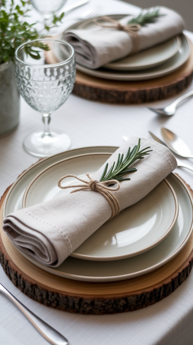 Linen napkins with twine and herbs adding rustic charm to organic table setting