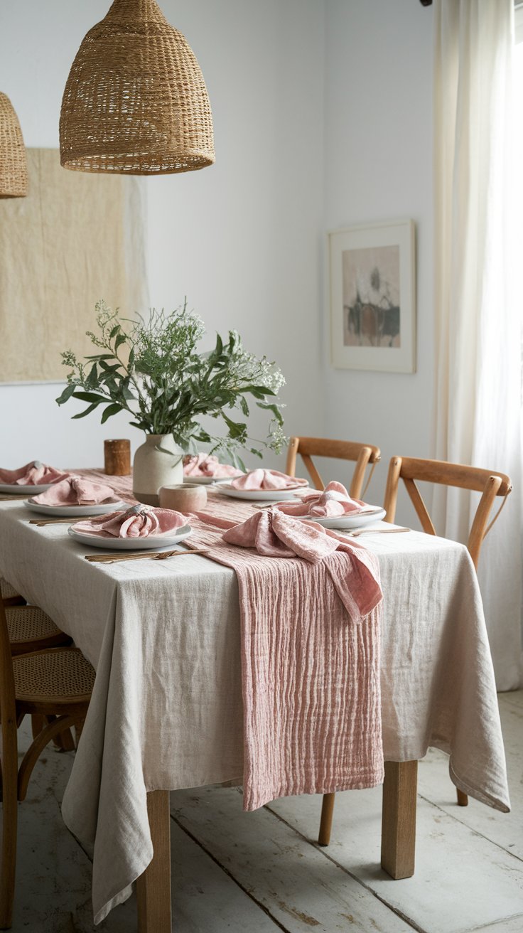 Layered linen table setting with gauze runner and knotted napkins for relaxed elegance