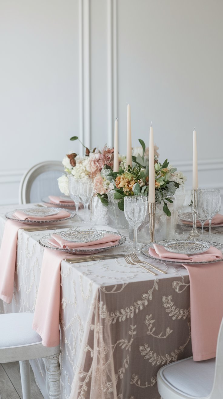 Sheer embroidered table overlay adding delicate texture to garden wedding table setting