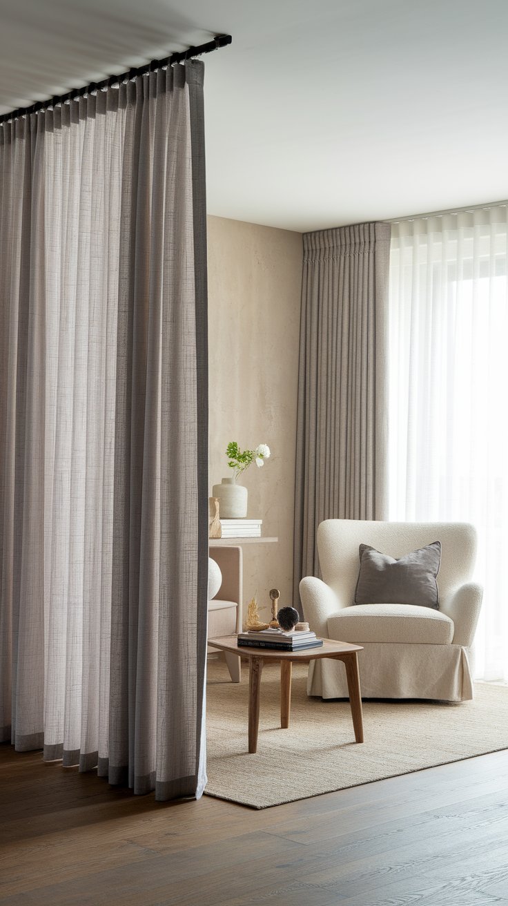 Ceiling-mounted linen curtain divider adding elegant privacy to open-concept living space