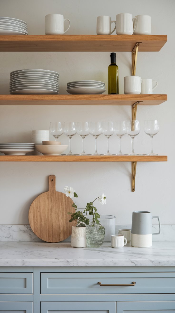 Minimalist open kitchen shelves displaying only functional and beloved essentials for clutter-free styling