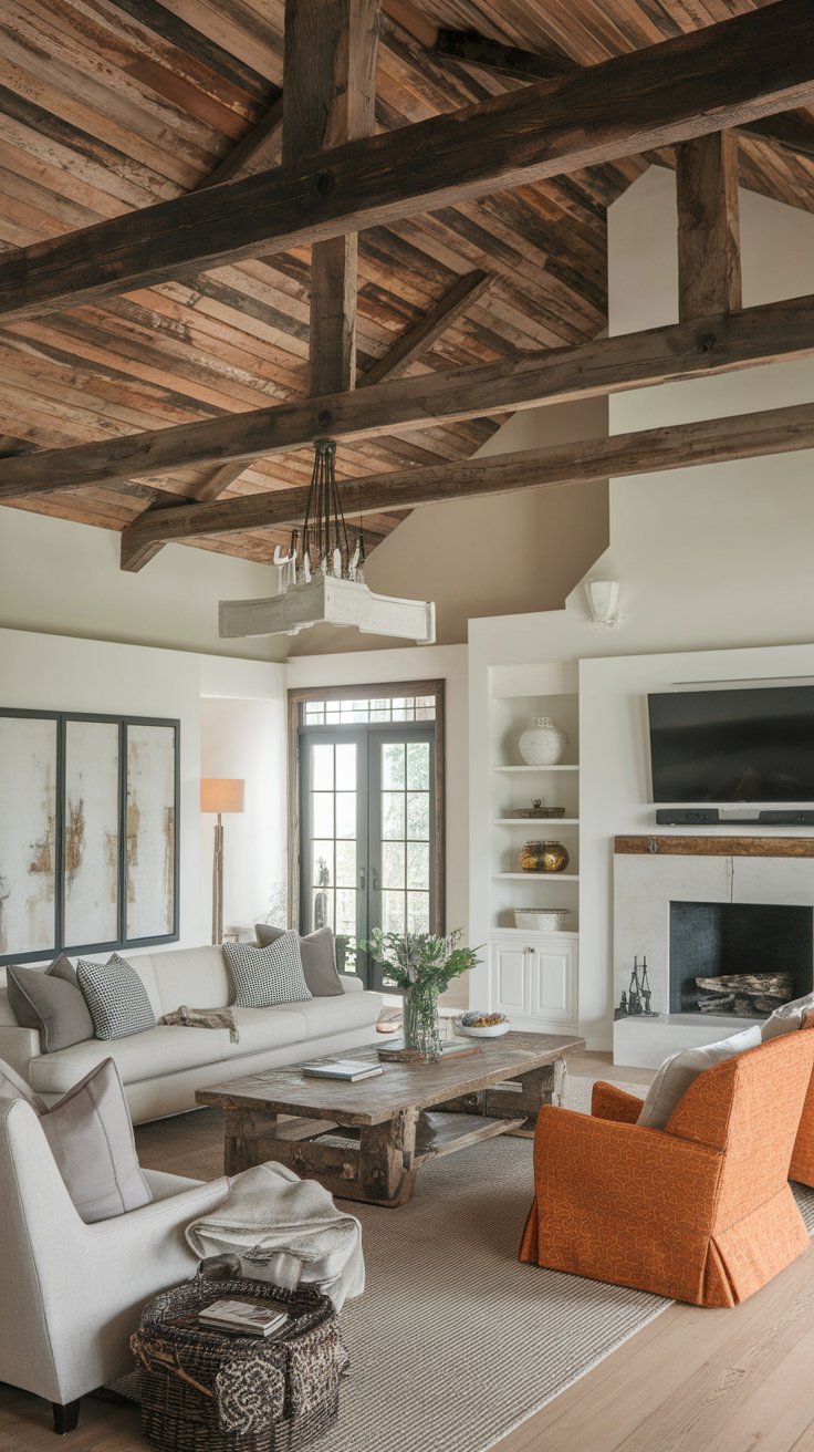 Reclaimed barnwood ceiling beams creating grounded atmosphere in ranch-style home