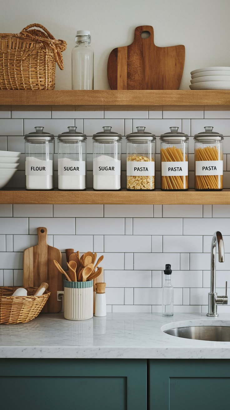 Matching pantry jars creating organized and visually pleasing open kitchen shelf styling