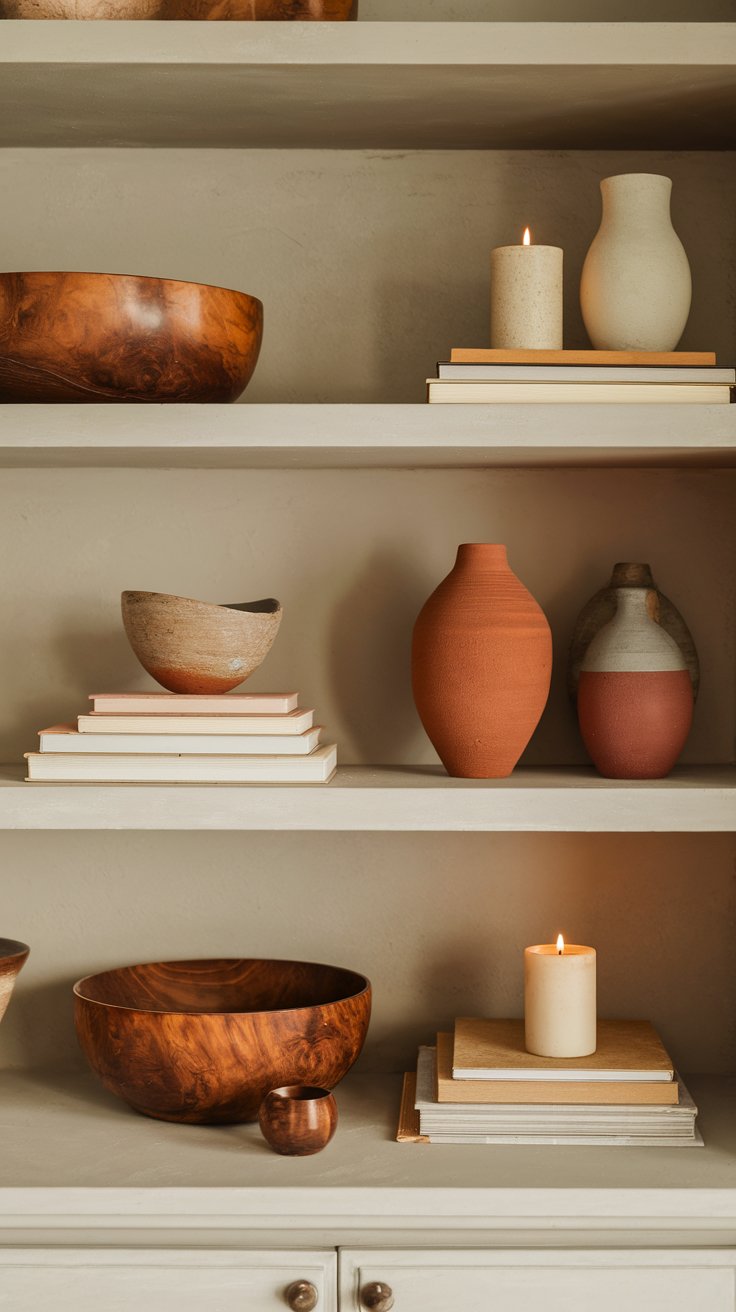 Open shelf styled with wood accents and candles for grounded fall home decor