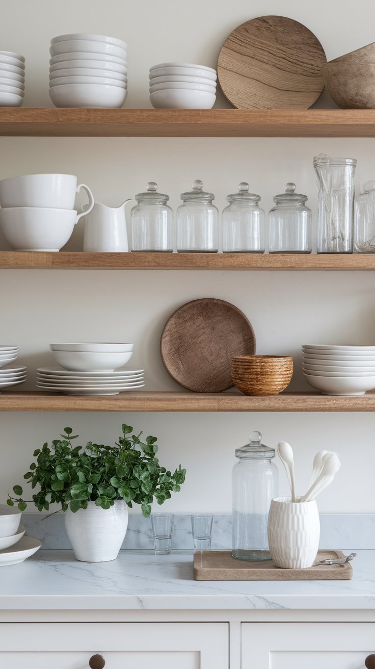 Tone-matched kitchen shelf styling with cohesive color palette for clean and intentional visual flow
