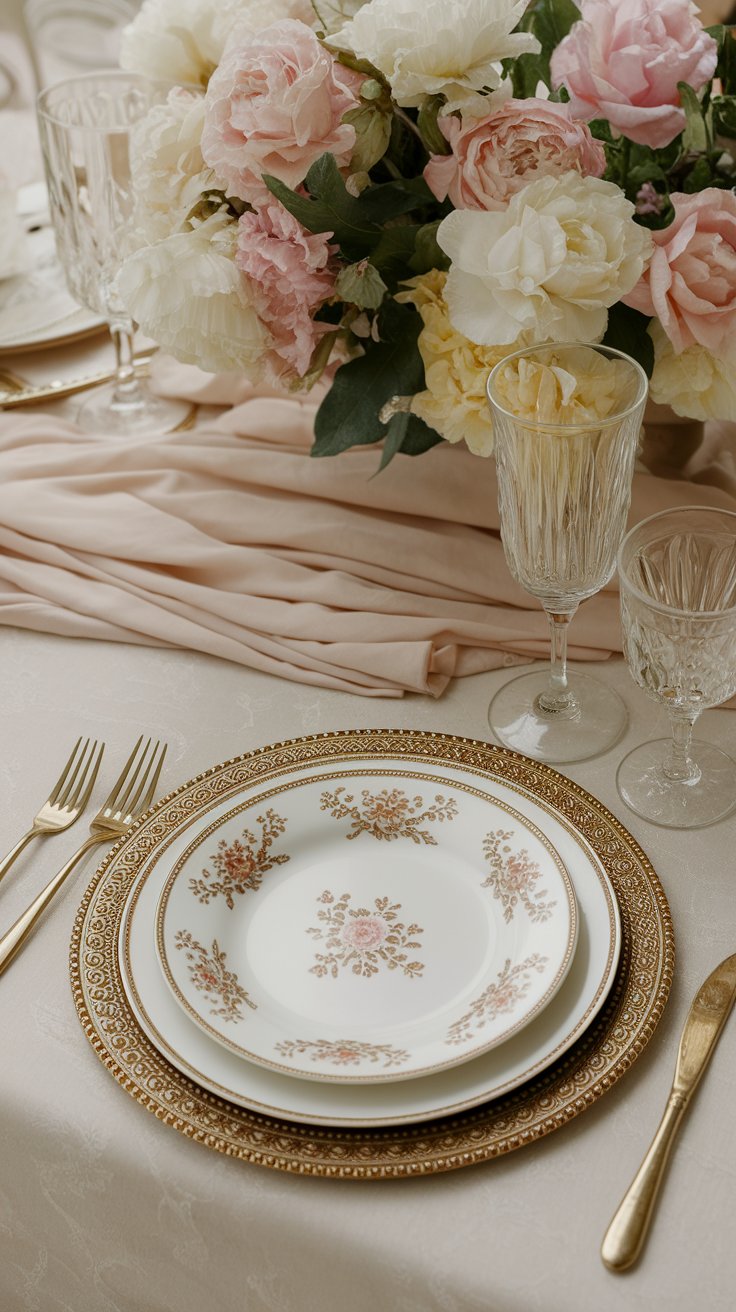 Statement charger plates anchoring wedding table design with texture and visual impact