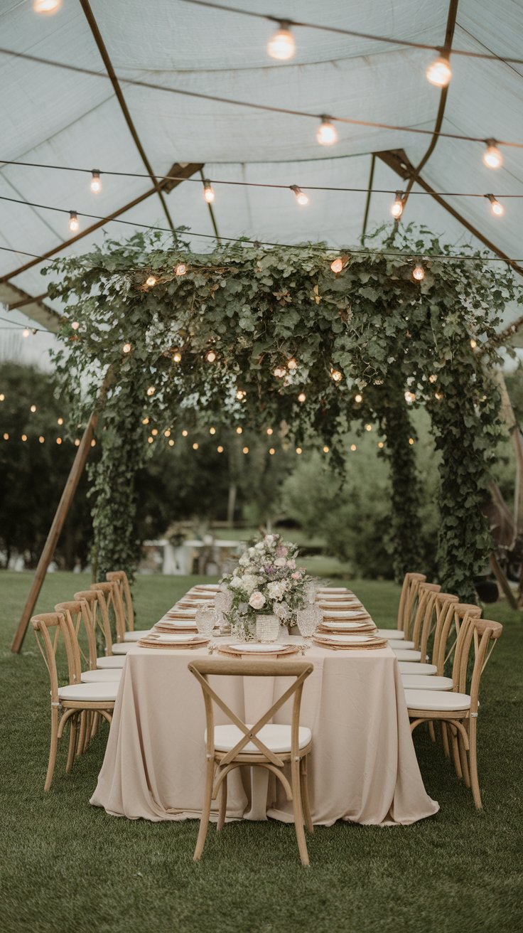 Canopy lighting with hanging greenery adding enchantment to open-air wedding reception