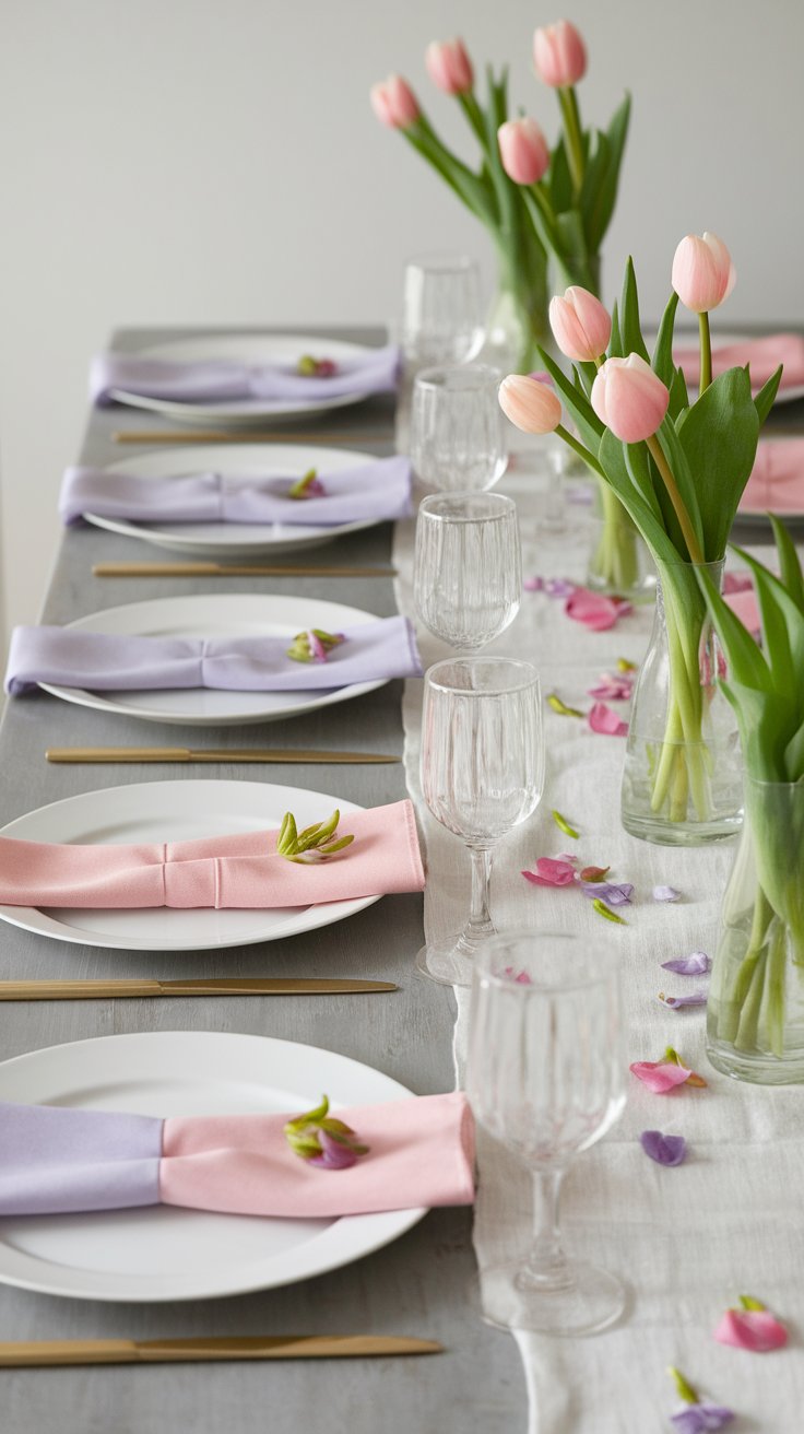 Spring table setting with pastel linens and blooming florals for fresh seasonal charm