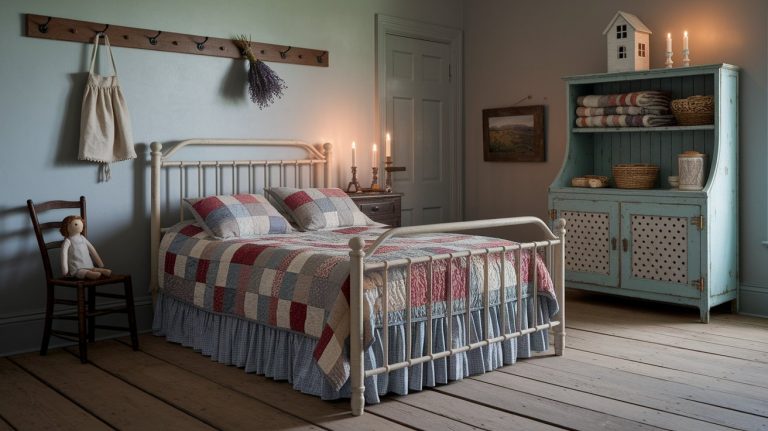 A charming rustic farmhouse bedroom featuring a white metal bed frame with a red, blue, and cream patchwork quilt and matching pillows. The room includes vintage touches like a distressed blue hutch with rolled quilts and baskets, a wooden chair with a cloth doll, and soft candlelight on the nightstand. A sprig of lavender hangs above the bed, adding to the cozy, nostalgic ambiance.