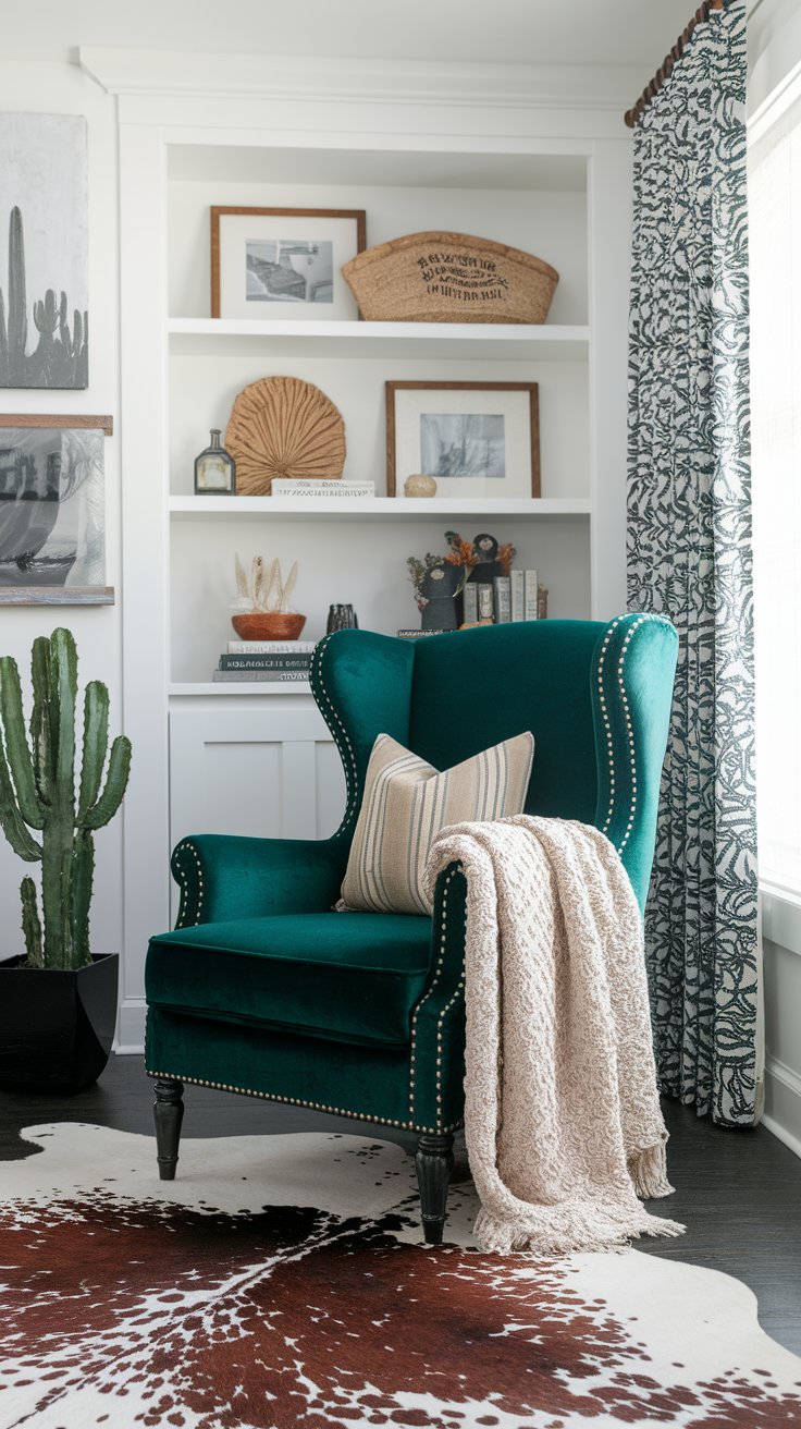 Velvet wingback chair in cactus green making bold statement in ranch-style interior