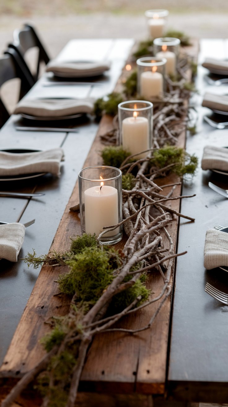 Wooden centerpiece with candle accents creating grounded and natural tablescape